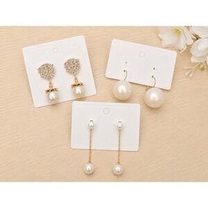 3 Pair Pearl Drop Earrings Bundle Gold Tone Rhinestone Dangle Statement